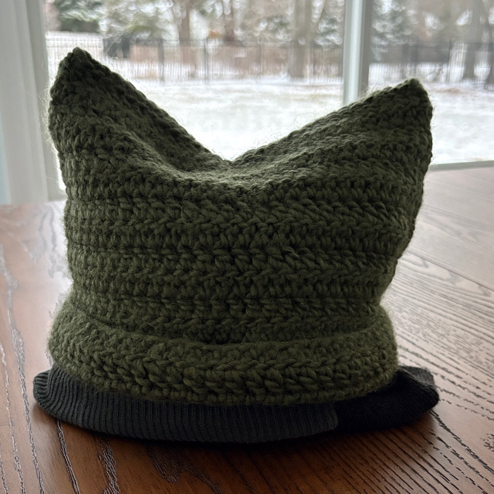 Cozy Green Knit Beanie w/ cat ears.